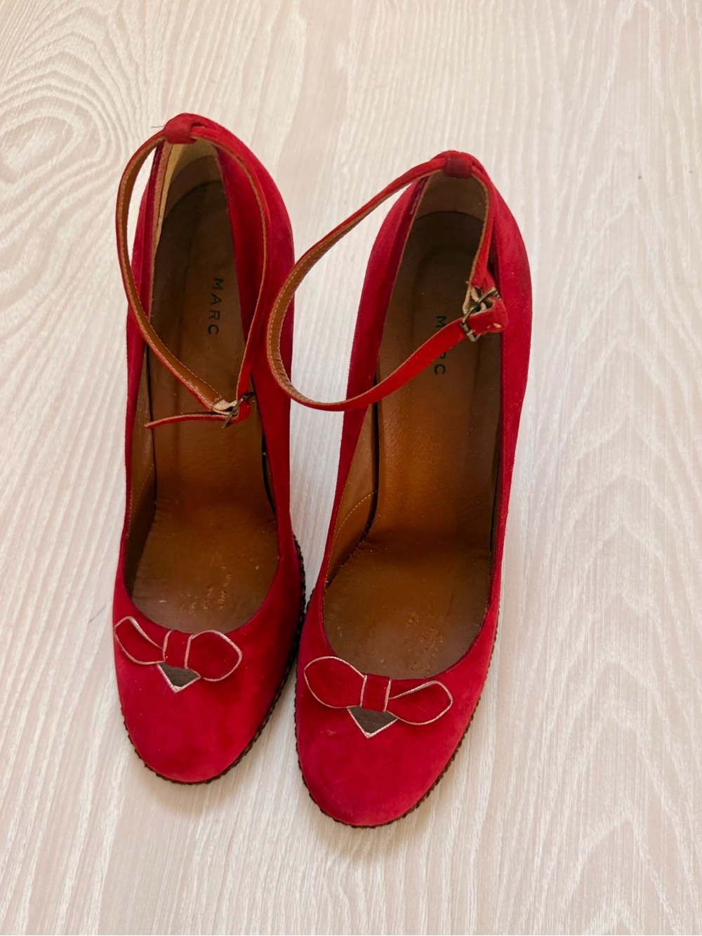 Marc Jacobs Vintage Red Suede Ankle-Strap Pumps with Bow Accent 9 1/2